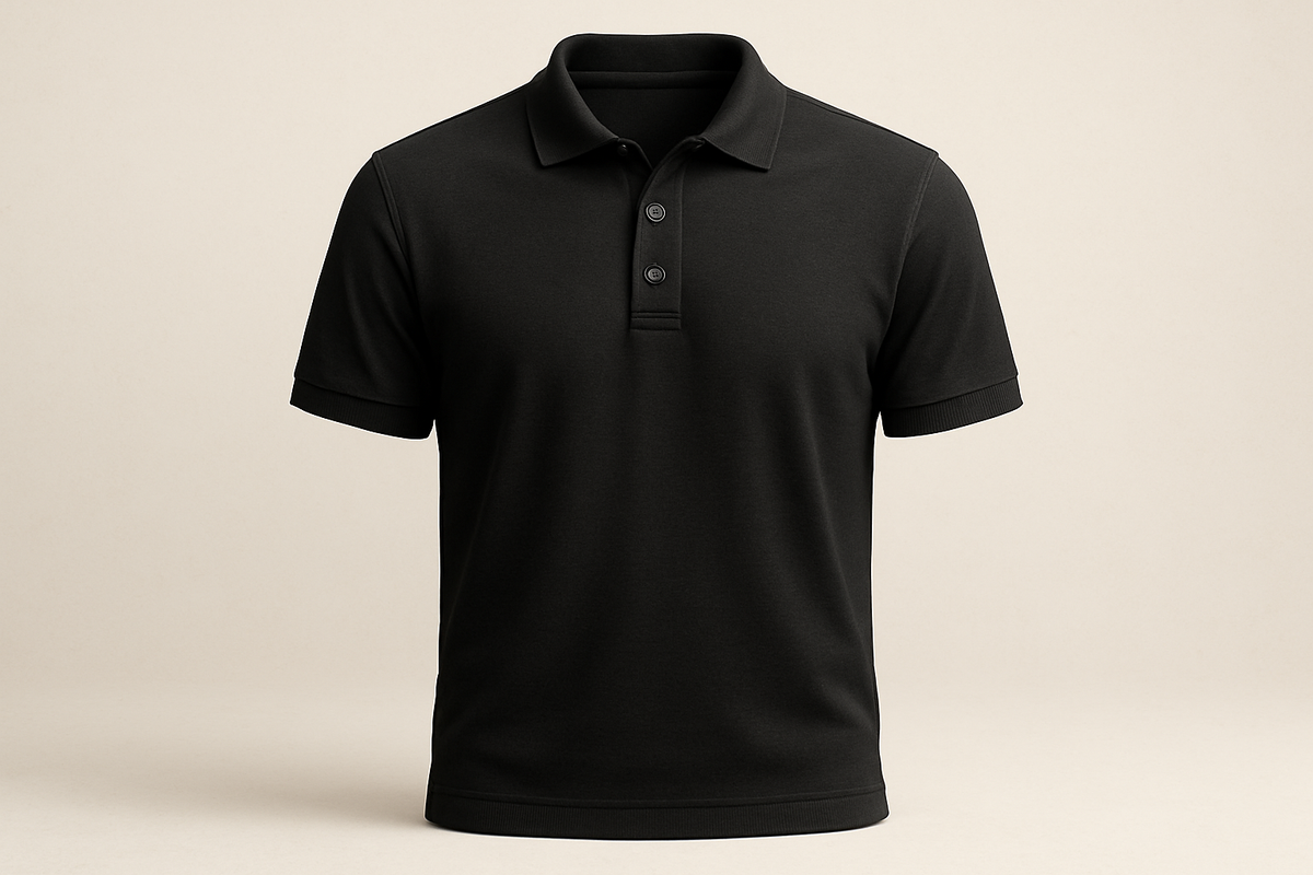A highly realistic 3D render of a plain black polo T-shirt, short sleeves, and a two-button placket, displayed on a neutral light background. The fabric should look smooth and slightly textured like cotton. Add natural, soft shadows and highlights for depth and realism. Maintain clean stitching details on the collar, sleeves, and hem. The shirt should appear brand new, neatly ironed, and perfectly centered, just like a professional product photo.