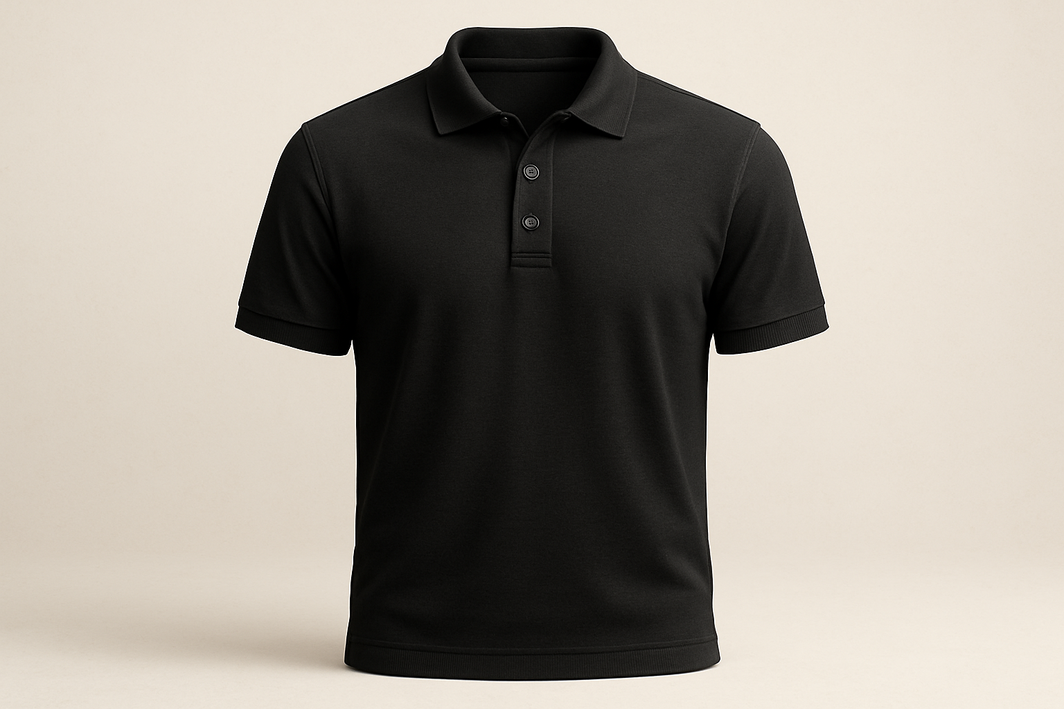 A highly realistic 3D render of a plain black polo T-shirt, short sleeves, and a two-button placket, displayed on a neutral light background. The fabric should look smooth and slightly textured like cotton. Add natural, soft shadows and highlights for depth and realism. Maintain clean stitching details on the collar, sleeves, and hem. The shirt should appear brand new, neatly ironed, and perfectly centered, just like a professional product photo.
