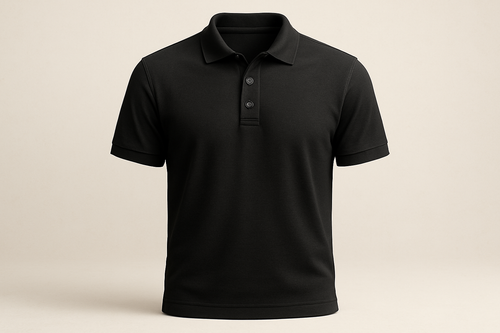 A highly realistic 3D render of a plain black polo T-shirt, short sleeves, and a two-button placket, displayed on a neutral light background. The fabric should look smooth and slightly textured like cotton. Add natural, soft shadows and highlights for depth and realism. Maintain clean stitching details on the collar, sleeves, and hem. The shirt should appear brand new, neatly ironed, and perfectly centered, just like a professional product photo.